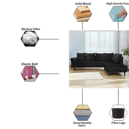 Image of Gratly RHS 4 Seater L Shape Sofa Set for Living Room (Black Colour) Premium Fabric Sofa