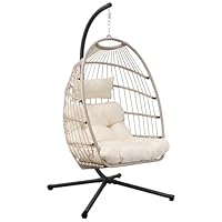 Goutime Hängender Eierstuhl mit Ständer und wasserdichter Abdeckung, Faltbarer Eierschaukelstuhl mit UV-beständigem Kissen, 204 kg Kapazität (Aprikosengrau, Egg Chair mit Ständer)