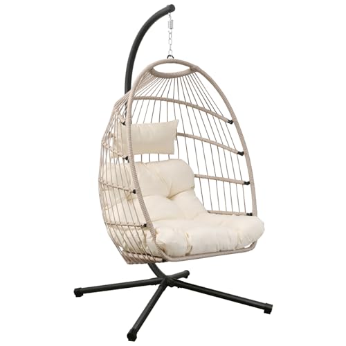 Goutime Chaise œuf Suspendue avec Coussin résistant aux UV, balancelle Pliable d'une capacité de 204 kg pour intérieur, Chambre à Coucher, extérieur...