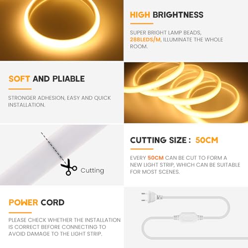 Wisada COB Neon LED Streifen, AC220-240V 288LEDs/m Superhell Flexible FCOB LED Leuchtband (Schnitt alle 50cm), COB LED Band mit Stromkabel für Weihnachten, Party Heim DIY Deko (Warmweiß, 0.5M)