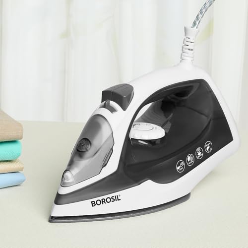 Borosil 1380 W Smart Press Steam Iron | BIS Approved Made in India | Non Stick Coated, Vertical & Horizontal Steam Busting, Self Cleaning Function | For Dry & Steam Ironing | 2 Years Warranty