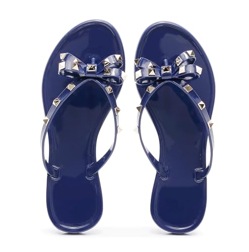 Image of Studded Jelly Shoes for Womens Bow Flip Flops Jellies Sandals Flat Black Summer Beach Thong with Rivets Strappy Slides Slip On