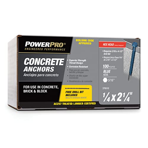 Power Pro Blue Hex Washer-Head Concrete Screw Anchors 1/4 Inch x 2-1/4 Inch 100 Pack 376510
