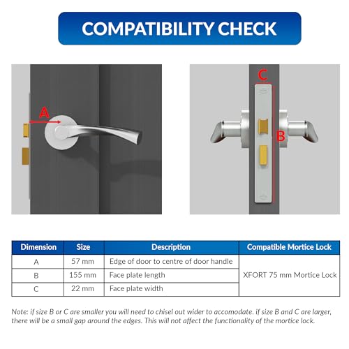 XFORT® 3 Lever Satin Chrome Mortice Sashlock 75mm, Door Lock with Key for Internal and External Doors, Door Latch Mechanism and Key Locking Door Security, CE Approved and Fire Rated Protection.