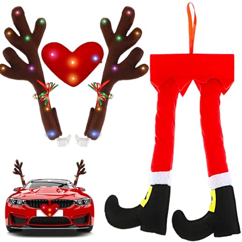Frienda 2 Pcs Car Reindeer Antler Kit Christmas Decorations with LED Lights Hanging Santa Claus Legs and Deer Nose Star Candy Canes Auto Accessories for Christmas Car Decorations (Cute Style)