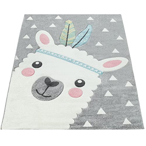Vloerkleed Kinderkamer Grijs 3D-Motief Alpaka-Design Pastelkleuren Zacht Robuust, Maat:160x230 cm - Afbeelding 5