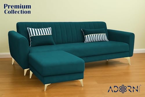 Image of Adorn India Premium Luster 4 Seater L Shape Sofa Set | Velvet Suede Fabric | 3-Year Warranty | Color Ocean Blue with Golden Legs & Striped Pattern Cushion
