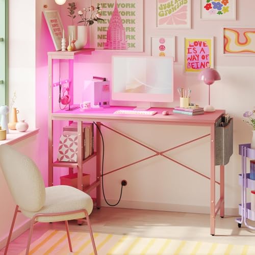 Image of Bestier Pink Gaming Desk with Power Outlets, 44 Inch Led Gamer Desk with 4 Tiers Reversible Shelves, Computer Desk with Headset Hook & Side Storage Bag for Bedroom (Pink 3D Carbon Fiber)