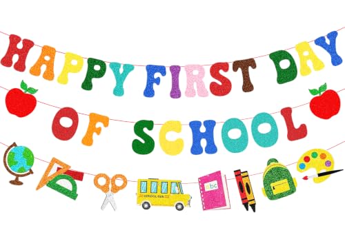 Image of Pre-Strung Happy First Day Of School Banner Decorations, Glitter Back To School Garland for Kindergarten Classroom Bulletin Home Office PreK Teacher Students Party Photo Backdrop Blackboard Decor