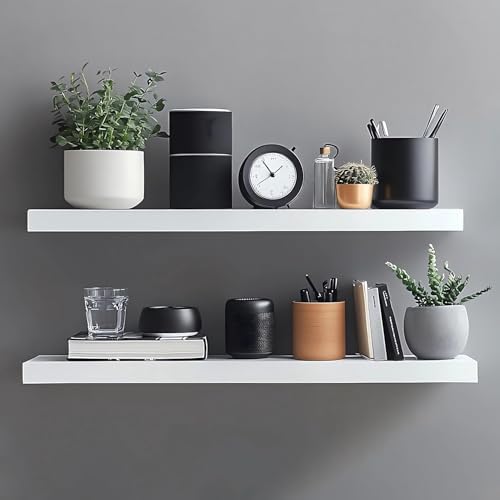 ZYNERY 2 Pack Floating Shelves 40 x 15 x 1.5 cm White Floating Shelves For Wall Display Storage Wall Shelves Modern Decorative Display Wall Shelves For Bedroom Bathroom Living Room
