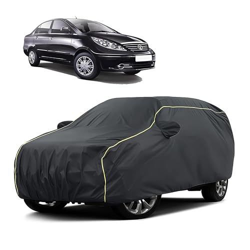 Image of Sulfar 100% Water Resistant Car Body Cover Compatible with Mirror for Tata Manza (Triple Stitched, Full Bottom Elastic, Dark Grey Taffeta with Yellow Piping)