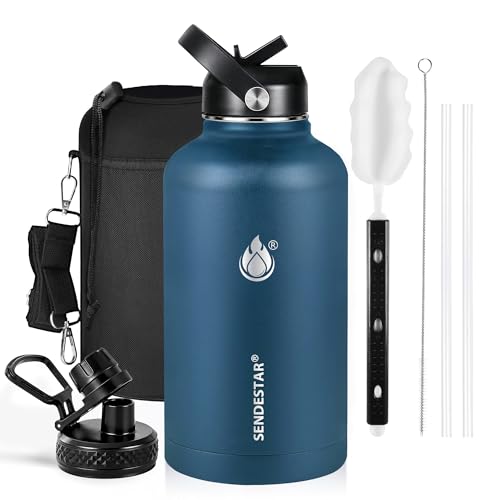 Image of Insulated Water Bottle 64 oz, Triple Wall Vacuum Stainless Steel Water Bottles (Cold for 48 Hrs), Leak Proof & Non-BPA, Half Gallon Water Flask Jug Wide Mouth Straw Lid & Spout Lid