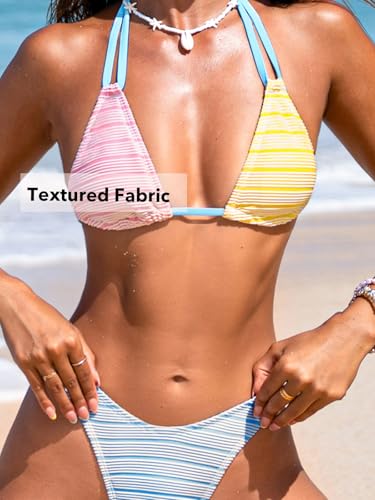CUPSHE Women's Bikini Sets Two Piece Swimsuit Halter V Neck Back Tie Textured Bathing Suits Colorblock4