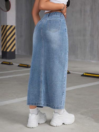 Image of GRECIILOOKS Women's High Waist Denim Skirt with Front Slit - Long Maxi Jean Skirt Casual Fashion - Stylish Denim Skirts for Women