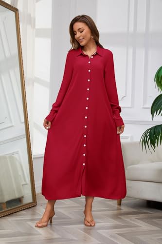 chouyatou Women's Casual Button Down Maxi Shirt Dress Long Sleeve Button Up Tunic Long Dress2