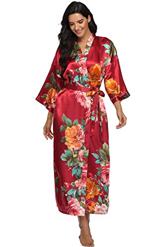 Image of Women Silk Kimono Robe Long Floral Bridesmaids Robes Satin | Wedding Party Bridal Getting Ready Robe Lightweight Dressing Gown Loungewear Sleepwear