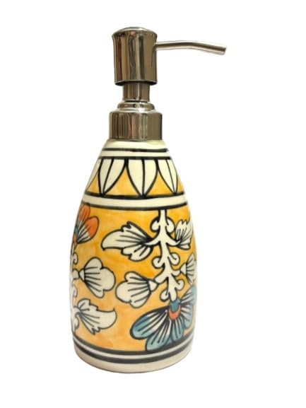 Image of Old Edge Ceramic Soap Dispenser Pump Bottle with Hand Painted Floral Design - Refillable Liquid Handwash Dispenser for Bathroom Kitchen Sink Lotion & Dishwash Use