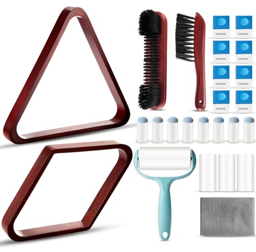 ShinyRelief 22 Pcs Pool Table Brush Set Wooden Billiard Rack 8 or 9 Ball Triangle Diamond for 2-1/4 Pool Ball with Polish Cloth Sticky Lint Roller Cue Chalk Cube Accessories(Wine Red)
