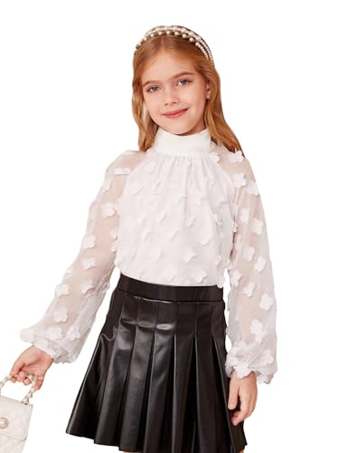 WDIRARA Girl's Floral Appliques Long Sleeve Blouses Mock Neck Mesh Lantern Sleeve Cute Shirts Tops