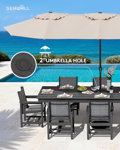 Image of SERWALL 9 Piece 84 inch HDPE Outdoor Dining Set for 8 with Textilene Chairs and Umbrella Hole, Black /Gray