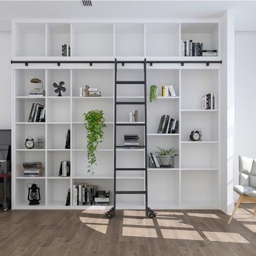 Zestaw schodów przesuwnych do bibliotek – system szynowy 3,65 m z teleskopowym hakiem, rolkami i hamulcami, idealny do schodów na strych i regałów na książki – drabina nie wchodzi w zakres dostawy