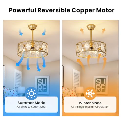 Image of Gold Fandelier Ceiling Fans with Lights, 18.9 inch Gold Chandelier Ceiling Fan with Light Remote Control, Caged Mid-Century with 6 Speeds for Bedroom, Nursery, Living Room
