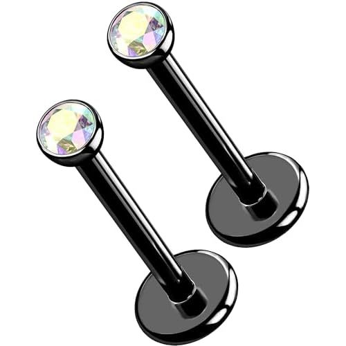 OUFER 2Pcs 20G/18G/16G G23 Titanium Threadless Nose Stud Earrings Flat Back Tiny CZ Small Nose Helix Cartilage Tragus Conch Labret Medusa Monroe Piercing Jewelry for Women Men Black AB 2pcs,