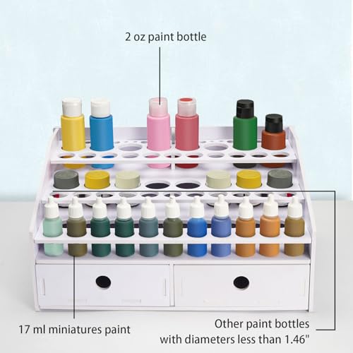 Image of Krafetto Miniatures Paint & Paintbrush Storage Organizer Rack, Craft Paints Holder with Drawer, 43 Holes for Model Paint, 16 Holes for 2 oz Paints, 22 Holes for Brush