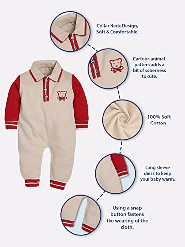 Image of BABY GO Cotton Full Sleeve Polo Neck Romper for Baby Boys | Cute Printed Collared Jumpsuit with Snap Buttons | Newborn Bodysuit & Sleepsuit