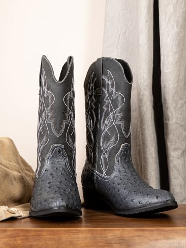 Western cowboy boots, ostrich leather, embroidered design, brown, mid-calf, men's antique ostrich embossed exotic western boots round head.3