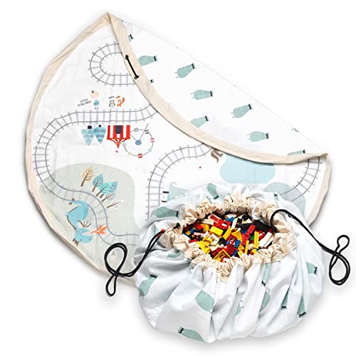 Image of Play & Go Drawstring Play Mat Storage Bag - Kids Toy Storage Organizer - Fits Lego - Storage Bag for Children, Large 55" Play Mat for Toddlers Toys and Bag for Storage - Train
