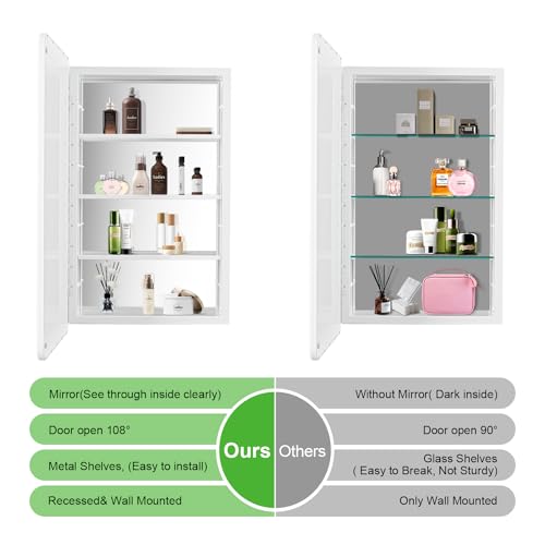 YOOSHINE 17 x 27 Bathroom Medicine Cabinet with Mirror, Recessed Or Wall Mounted Medicine Cabinets with Adjustable Shelves Beveled Mirrors Metal Frame White by YOOSHINE - Used condition - Image 3
