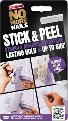 UniBond No More Nails Stick & Peel Peel-Off Mounting Adhesive Strong Bonding Adhesive for Shelves & Wall Hanging Holds up to 6kg** 44g Tube