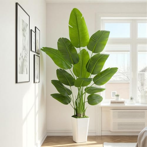 Image of Lifelike Bird of Paradise Artificial Plant 7ft Faux Banana Leaf TRE with White Tall Wavy-Textured Planter for Home Decor- perect Indoor Silk Floor Plant for Living Room Office Ambianc Enhancement