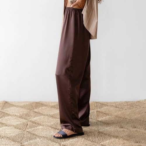 Women Y2K Satin Wide Leg Pants Elastic Waist Solid Color Silk Wide Leg Lounge Pants Office Ladies Work Trousers4