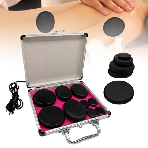 Juego de masaje de piedra caliente: 9 piedras de masaje de basalto en maletín de calefacción, piedras de masaje calientes de basalto, set de calentadores de piedras de masaje para terapia de masaje