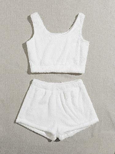 Sweatyrocks Women's Fluffy Pajamas Set Crop Tank Top With Shorts Loungewear White S #TOP1