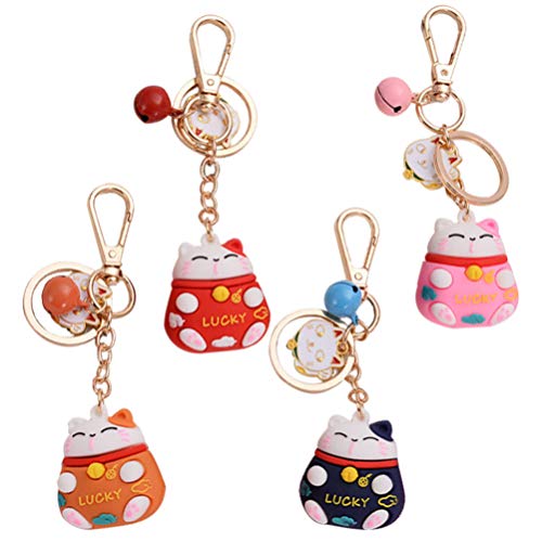 ABOOFAN Lot de 4 Porte-clés en Forme de Chat Porte-Bonheur avec clochettes - Porte-clé Maneki Beckoning Neko pour Sac à Main, Sac à Dos, téléphone, Sac à Main, Cadeau Amusant