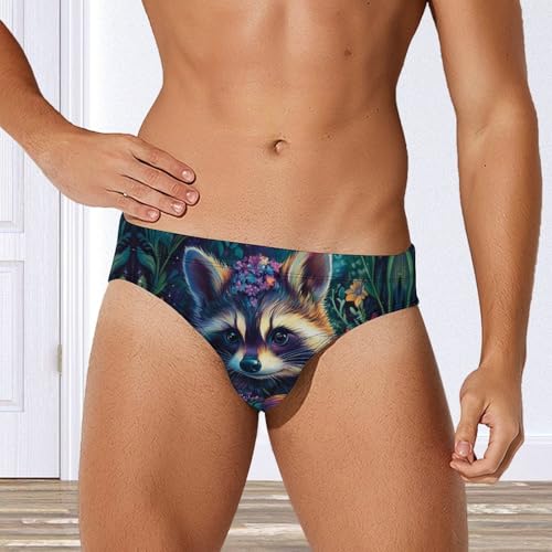 Raccoon Flowers Mens Swim Briefs Quick Dry Swim Trunk Bikini Underwear Swimsuit4