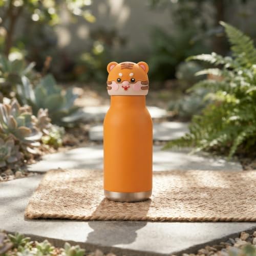 Image of JOUET 450ml Stainless Steel Kids Water Bottle with Cute Tiger Character Lid, Leakproof Drinking Bottle for School, Travel, Sports & Everyday Use