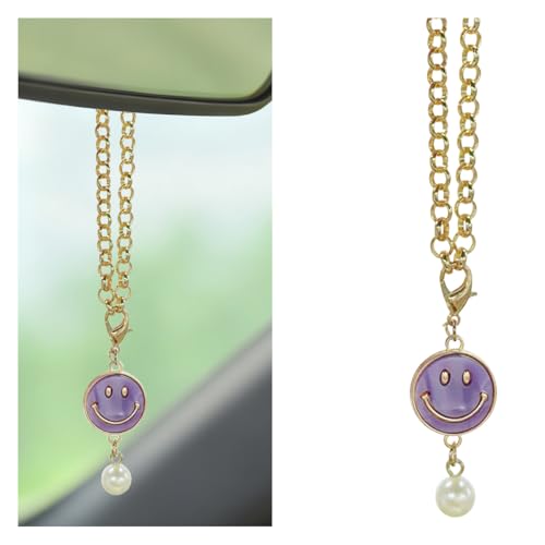 DEAELF Cute Car Hanging Ornament, Happy Smiley Face Car Rear View Mirrors Charm, Aesthetic Pearl Auto Decoration Pendant, Creative Vehicle Interior Mirror Accessories (Purple)