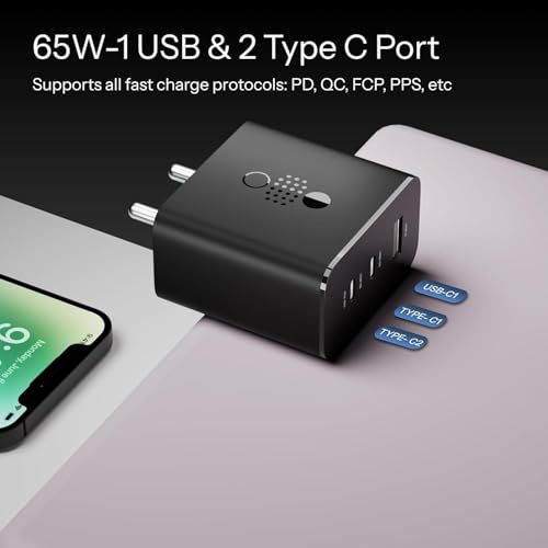 Image of CMF 65W by Nothing GaN Trio Charger Adapter & Nothing C to C Cable | 3-Port USB-C /A Fast Wall Charger for CMF 1, Nothing 3A, Nothing 2A, Nothing 2,Nothing Phone 1, Samsung S24 Ultra - Black