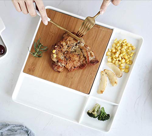 Crazy Clearance 11.5 Inches White Ceramic Grid Plate with Bamboo Wood Cutting Board, Steak Sushi Dessert Fruit Appetizer Breakfast Dinner Plate (Square) Weekly Top Sale 11.5 Inches White Ceramic Grid Plate with Bamboo Wood Cutting Board, Steak Sushi Dessert Fruit Appetizer Breakfast Dinner Plate (Square)