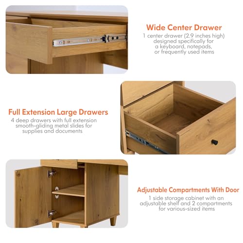 Image of WAMPAT 58 Inch Wood Desk with Drawers, Cabinet, Charging Station, Oak Brown | Modern Executive Desk with Keyboard Storage Drawer, Home Office Large Wooden Computer Desk, Work & Study Writing Desk
