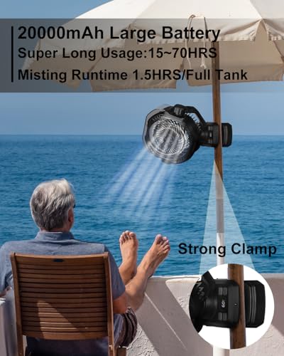 Image of Portable Rechargeable Misting Fan with 12oz Mist, Battery Life Display, Remote, Timer, Light, 5 Speeds, 9-Inch, 10000mAh 60H Battery Powered Clip Fan for Stroller, Travel, Outdoor, Poweroutage