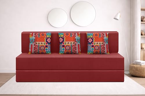 Image of Rosebell Three Seater Foldable Sofa Cum Bed (5x6 Feet) ? Jute Fabric, Washable Removable Cover, Includes Cushion | Space Saving Convertible Sofa Bed for Home, Office & Guests - Red