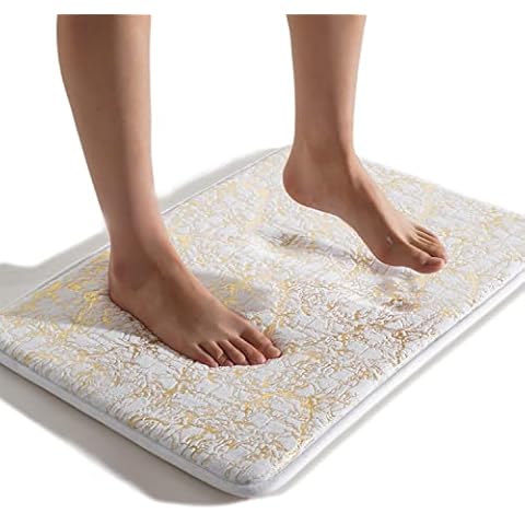 Memory Foam Bath Mat White Bathroom Rugs Gold Decor Luxury Bathroom Rug Non Slip Super Absorbent Coral Velvet Bathmat Machine Washable Floor Carpet for Tub, Shower, Bedroom 16"x24" Cover