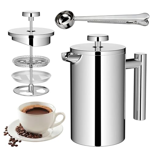 350ml Stainless Steel Double-Walled Heat-Resistant Coffee Press - Compact French Press with 3-Level Filtration System & Extra Filters