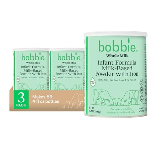 Bobbie Whole Milk, Grass Fed Baby Formula with Iron, Plant Based DHA and ARA, Vitamin D and Protein Blend Modeled After Breast Milk, For Newborn Baby to 12 Month Old, 14.1 oz, 3 Pack