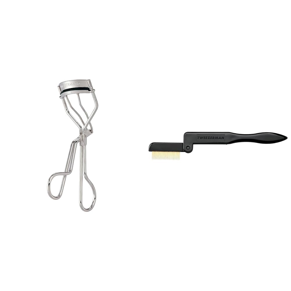 Tweezerman 1034-R - Rizador de pestañas classic con almohadillas de silicona, contiene 3 recambios, Plateado & 1054-R - Peine de pestañas plegable, claro